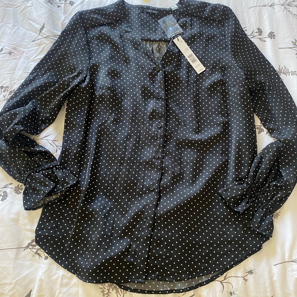NEW Women's Black Polka Dot Button-Front Blouse